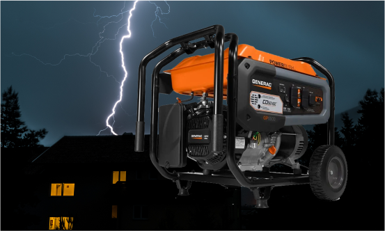 Generac portable generator outside of a house with a storm in the sky